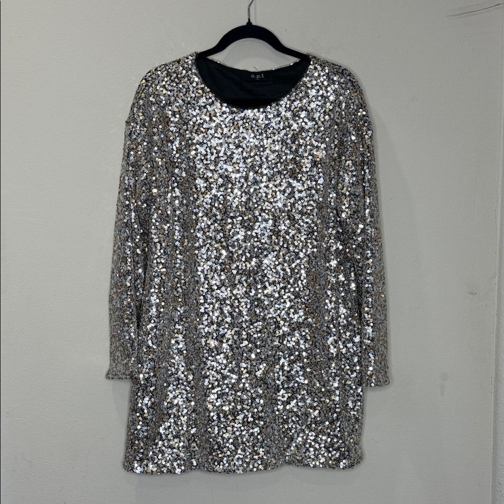 o.p.t. Silver/ Gold Sequin Long Sleeve Sheer Dress